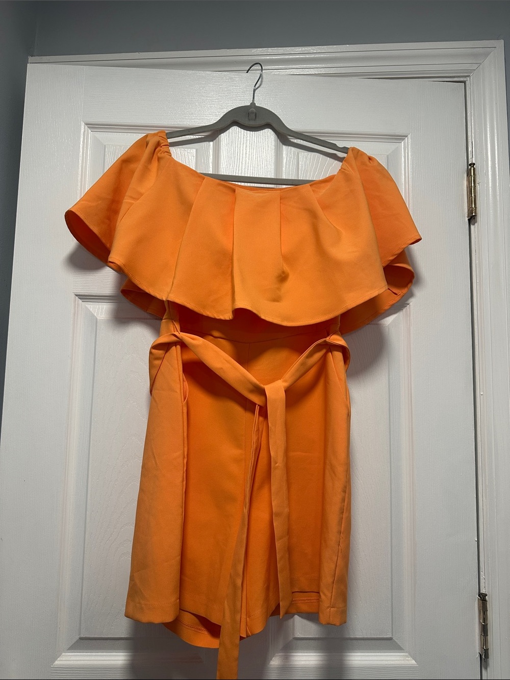 New York & Company Orange Off Shoulder Ruffle Romper